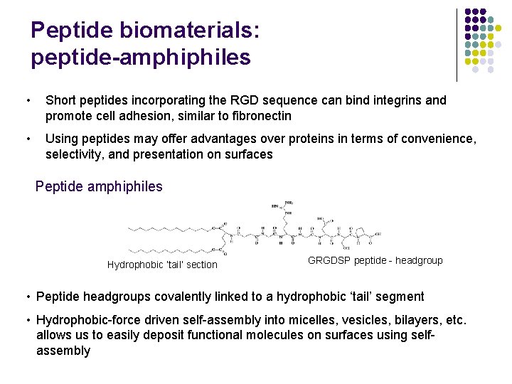 Peptide biomaterials: peptide-amphiphiles • Short peptides incorporating the RGD sequence can bind integrins and