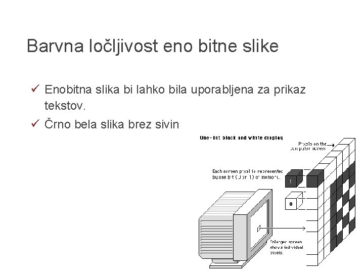 Barvna ločljivost eno bitne slike ü Enobitna slika bi lahko bila uporabljena za prikaz