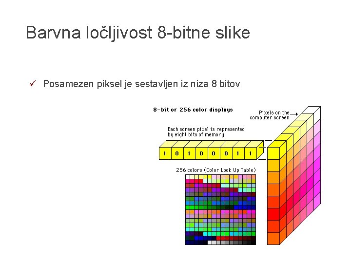 Barvna ločljivost 8 -bitne slike ü Posamezen piksel je sestavljen iz niza 8 bitov