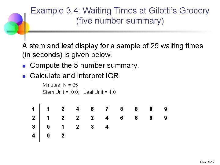 Example 3. 4: Waiting Times at Gilotti’s Grocery (five number summary) A stem and