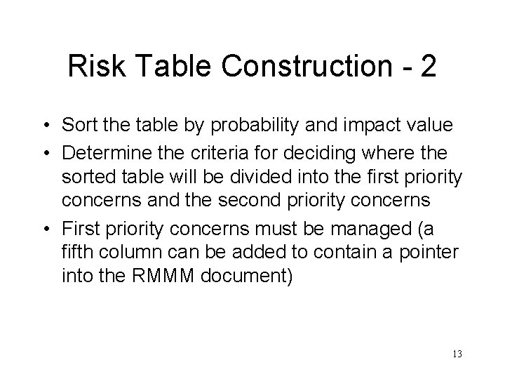 Risk Table Construction - 2 • Sort the table by probability and impact value