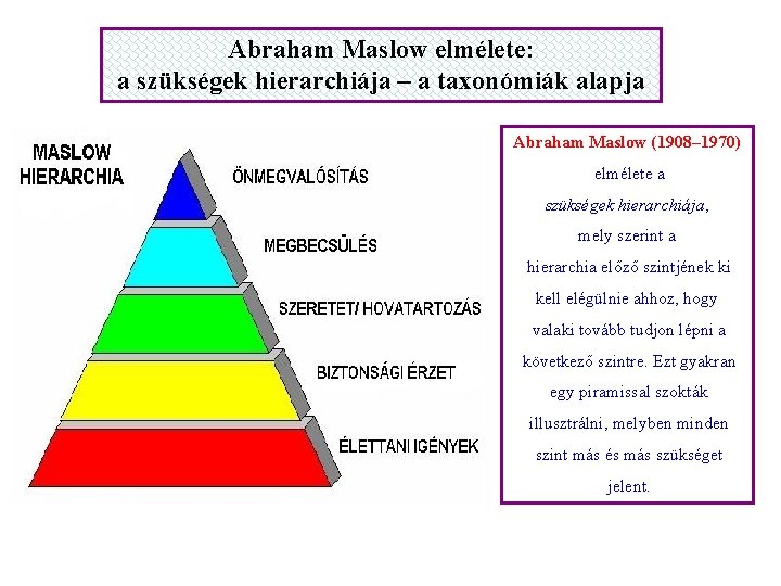 Abraham Maslow elmélete: a szükségek hierarchiája – a taxonómiák alapja Abraham Maslow (1908– 1970)