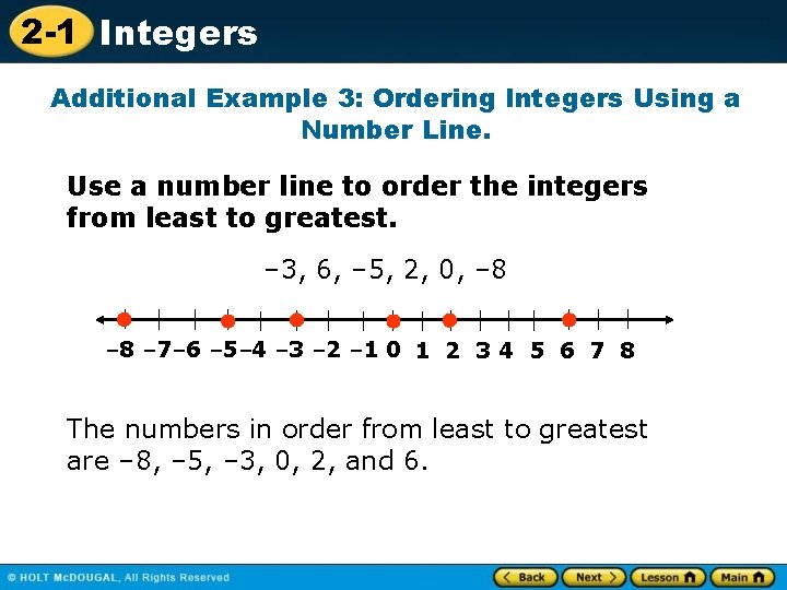 2 -1 Integers Additional Example 3: Ordering Integers Using a Number Line. Use a