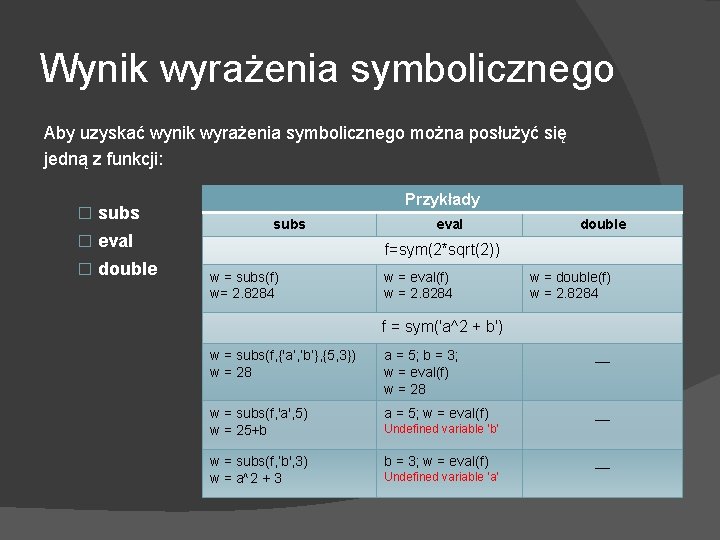 Wynik wyrażenia symbolicznego Aby uzyskać wynik wyrażenia symbolicznego można posłużyć się jedną z funkcji: