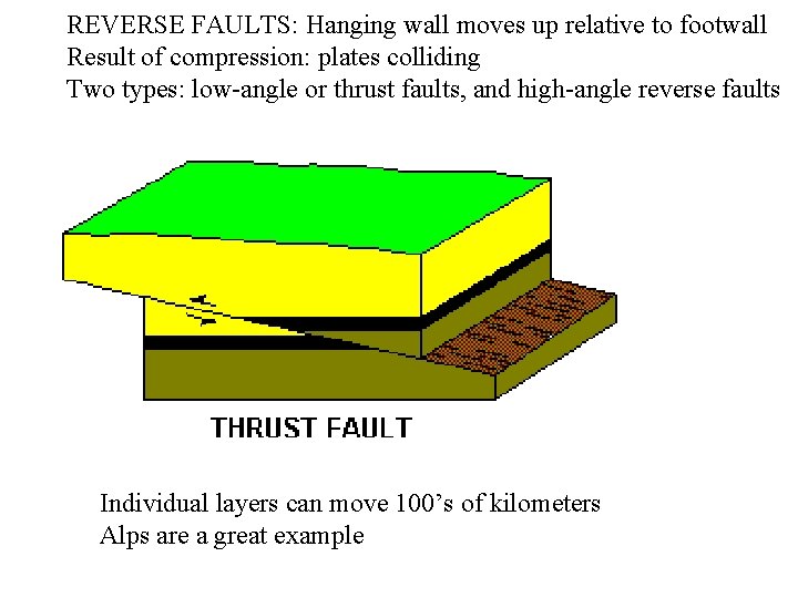 REVERSE FAULTS: Hanging wall moves up relative to footwall Result of compression: plates colliding