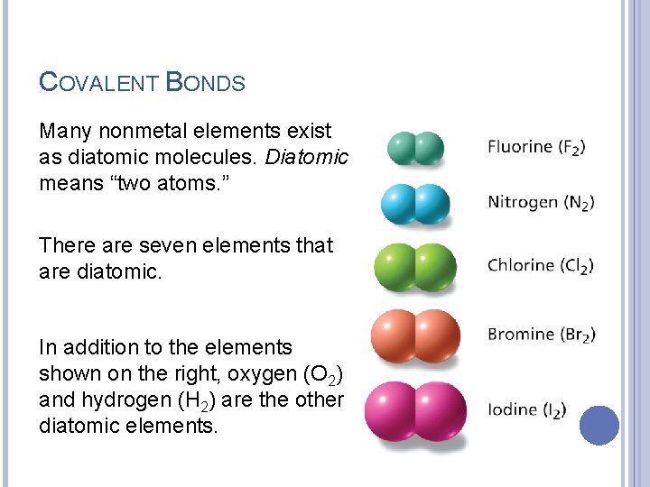 COVALENT BONDS Many nonmetal elements exist as diatomic molecules. Diatomic means “two atoms. ”
