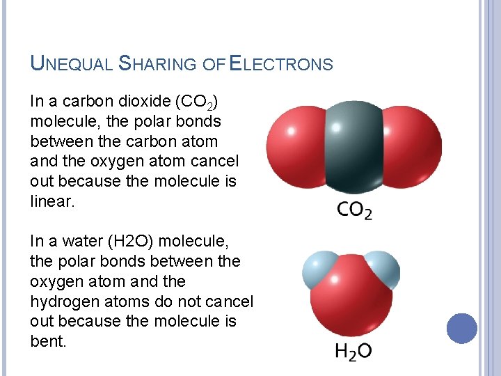 UNEQUAL SHARING OF ELECTRONS In a carbon dioxide (CO 2) molecule, the polar bonds