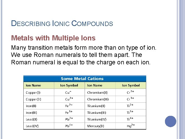 DESCRIBING IONIC COMPOUNDS Metals with Multiple Ions Many transition metals form more than on