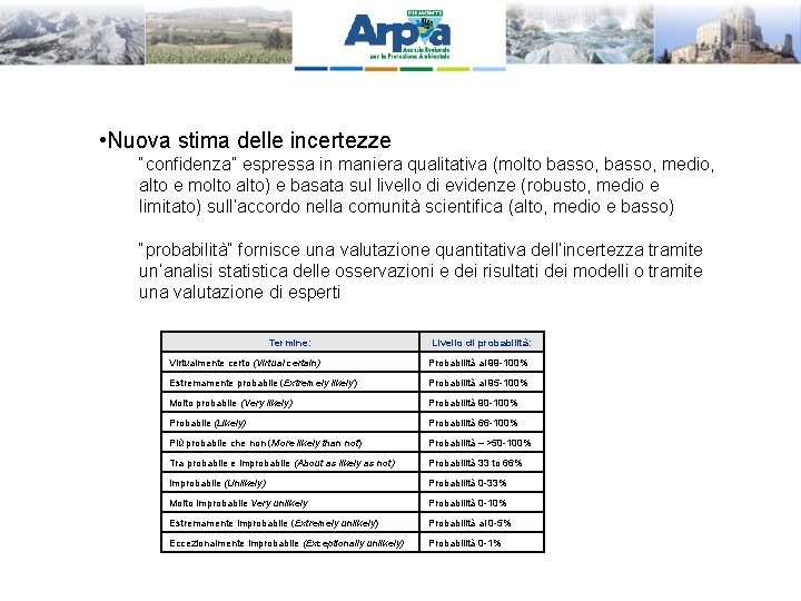  • Nuova stima delle incertezze “confidenza” espressa in maniera qualitativa (molto basso, medio,