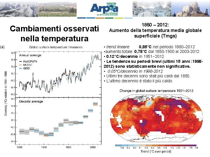 Cambiamenti osservati nella temperatura 1850 – 2012: Aumento della temperatura media globale superficiale (Tmgs)