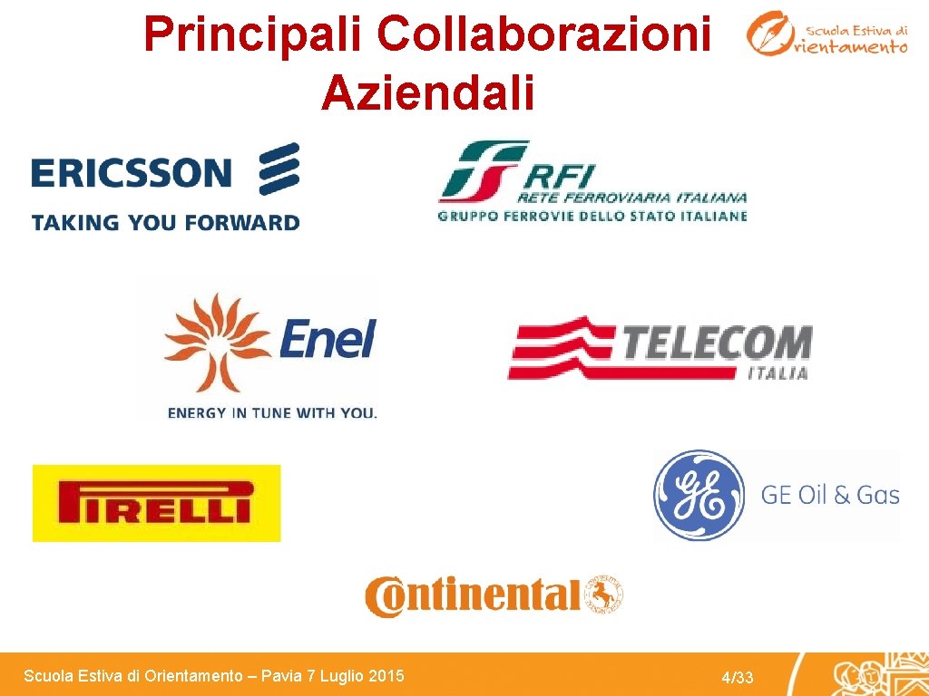 Principali Collaborazioni Aziendali Scuola Estiva di Orientamento – Pavia 7 Luglio 2015 4/33 