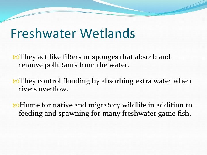 Freshwater Wetlands They act like filters or sponges that absorb and remove pollutants from