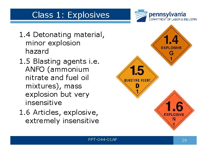 Class 1: Explosives 1. 4 Detonating material, minor explosion hazard 1. 5 Blasting agents Class 1: Explosives 1. 4 Detonating material, minor explosion hazard 1. 5 Blasting agents