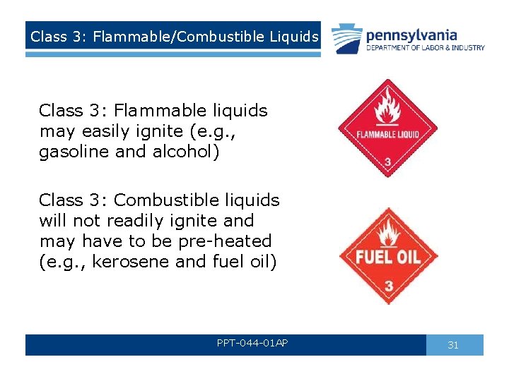 Class 3: Flammable/Combustible Liquids Class 3: Flammable liquids may easily ignite (e. g. , Class 3: Flammable/Combustible Liquids Class 3: Flammable liquids may easily ignite (e. g. ,