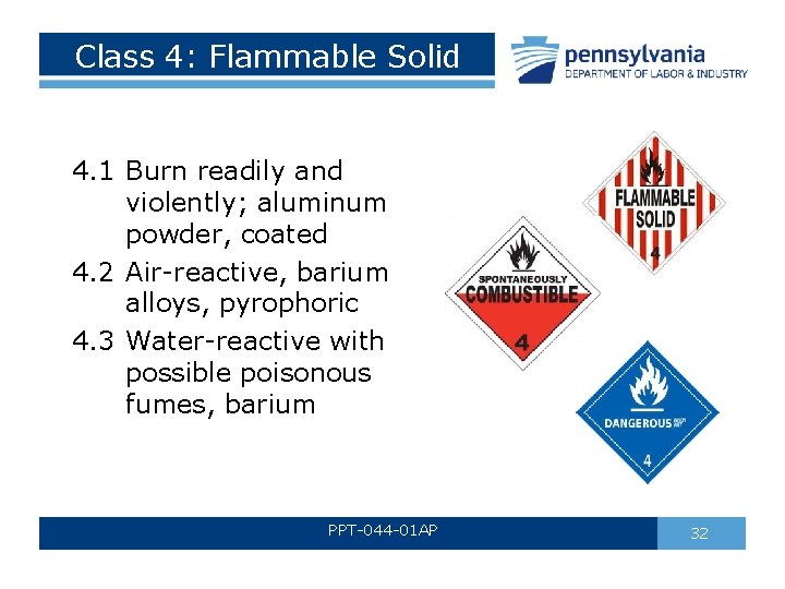 Class 4: Flammable Solid 4. 1 Burn readily and violently; aluminum powder, coated 4. Class 4: Flammable Solid 4. 1 Burn readily and violently; aluminum powder, coated 4.