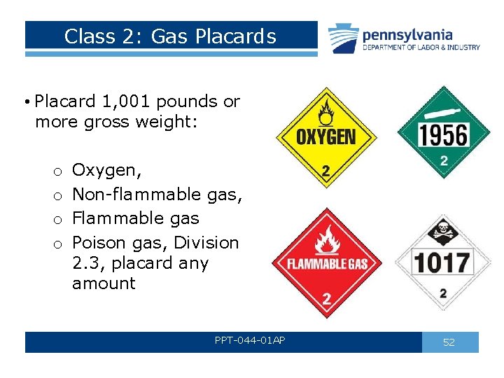 Class 2: Gas Placards • Placard 1, 001 pounds or more gross weight: o Class 2: Gas Placards • Placard 1, 001 pounds or more gross weight: o