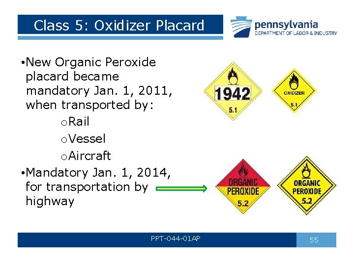 Class 5: Oxidizer Placard • New Organic Peroxide placard became mandatory Jan. 1, 2011, Class 5: Oxidizer Placard • New Organic Peroxide placard became mandatory Jan. 1, 2011,