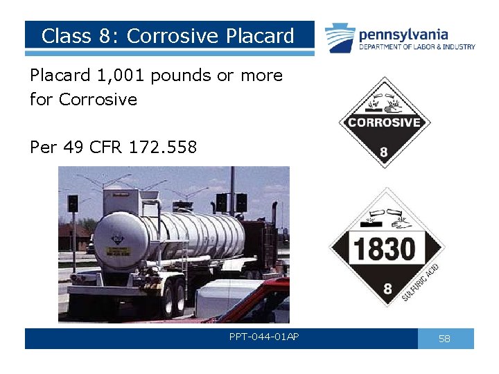 Class 8: Corrosive Placard 1, 001 pounds or more for Corrosive Per 49 CFR Class 8: Corrosive Placard 1, 001 pounds or more for Corrosive Per 49 CFR