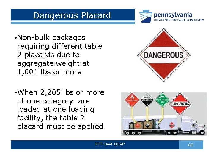 Dangerous Placard • Non-bulk packages requiring different table 2 placards due to aggregate weight Dangerous Placard • Non-bulk packages requiring different table 2 placards due to aggregate weight