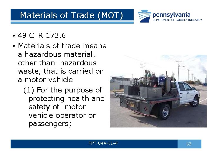 Materials of Trade (MOT) • 49 CFR 173. 6 • Materials of trade means Materials of Trade (MOT) • 49 CFR 173. 6 • Materials of trade means