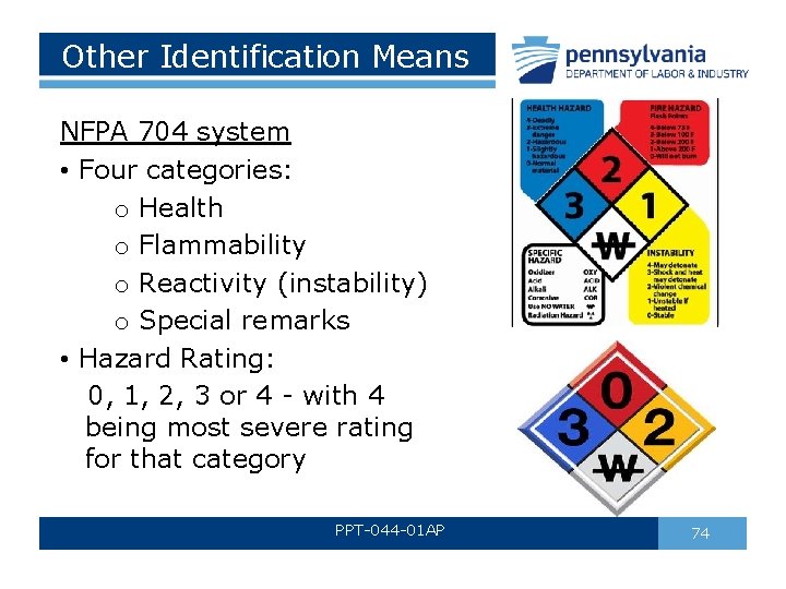 Other Identification Means NFPA 704 system • Four categories: o Health o Flammability o Other Identification Means NFPA 704 system • Four categories: o Health o Flammability o