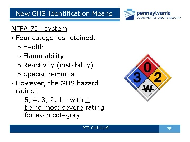 New GHS Identification Means NFPA 704 system • Four categories retained: o Health o New GHS Identification Means NFPA 704 system • Four categories retained: o Health o