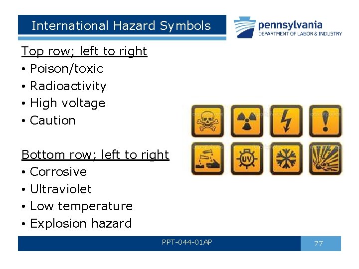 International Hazard Symbols Top row; left to right • Poison/toxic • Radioactivity • High International Hazard Symbols Top row; left to right • Poison/toxic • Radioactivity • High