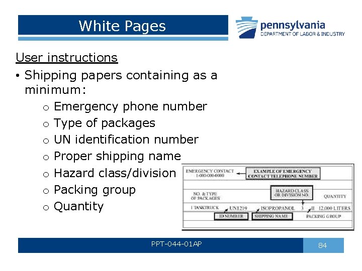 White Pages User instructions • Shipping papers containing as a minimum: o Emergency phone White Pages User instructions • Shipping papers containing as a minimum: o Emergency phone