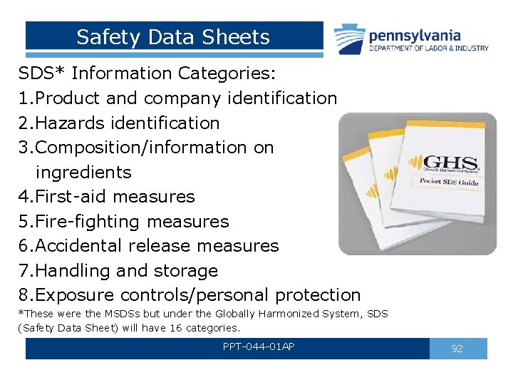 Safety Data Sheets SDS* Information Categories: 1. Product and company identification 2. Hazards identification Safety Data Sheets SDS* Information Categories: 1. Product and company identification 2. Hazards identification