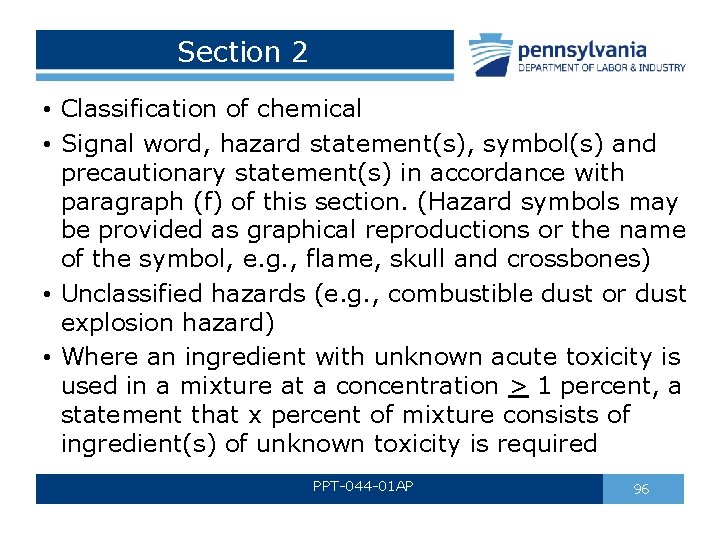 Section 2 • Classification of chemical • Signal word, hazard statement(s), symbol(s) and precautionary Section 2 • Classification of chemical • Signal word, hazard statement(s), symbol(s) and precautionary