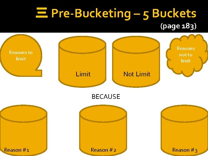 三 Pre-Bucketing – 5 Buckets (page 183) Reasons not to limit Reasons to limit