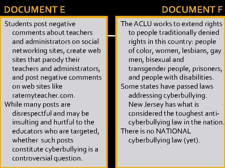 DOCUMENT E Students post negative comments about teachers and administrators on social networking sites,