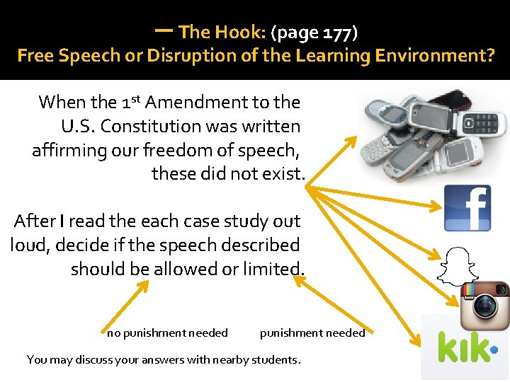 一 The Hook: (page 177) Free Speech or Disruption of the Learning Environment? When