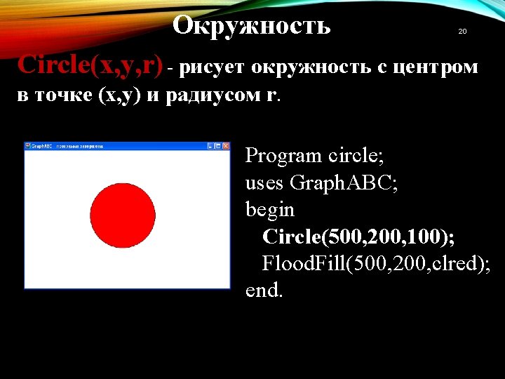 Окружность 20 Circle(x, y, r) - рисует окружность с центром в точке (x, y)