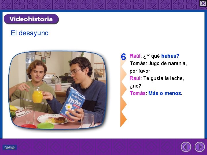El desayuno 6 Raúl: ¿Y qué bebes? Tomás: Jugo de naranja, por favor. Raúl: