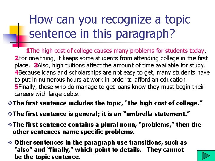 How can you recognize a topic sentence in this paragraph? 1 The high cost