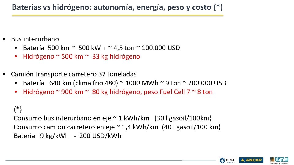 Baterías vs hidrógeno: autonomía, energía, peso y costo (*) • Bus interurbano • Batería