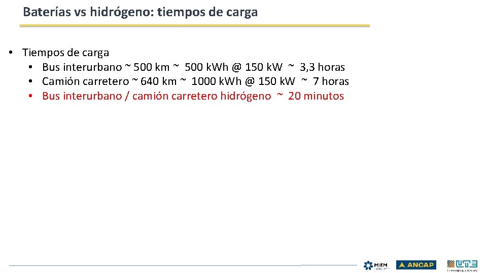 Baterías vs hidrógeno: tiempos de carga • Tiempos de carga • Bus interurbano ~