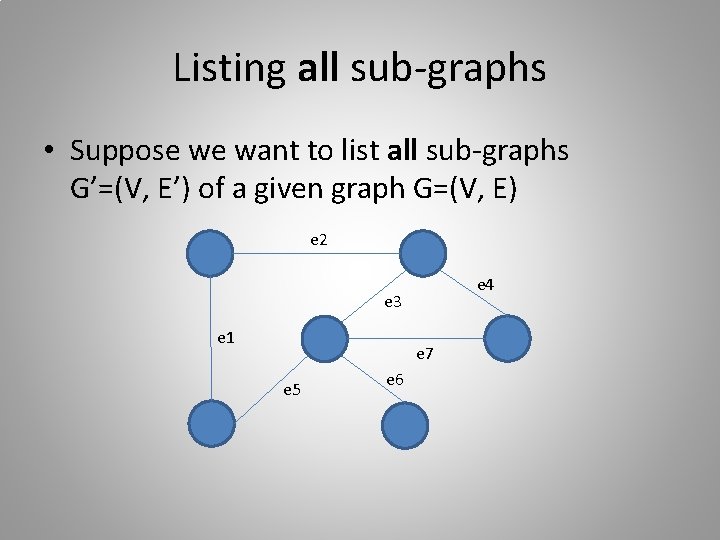 Listing all sub-graphs • Suppose we want to list all sub-graphs G’=(V, E’) of