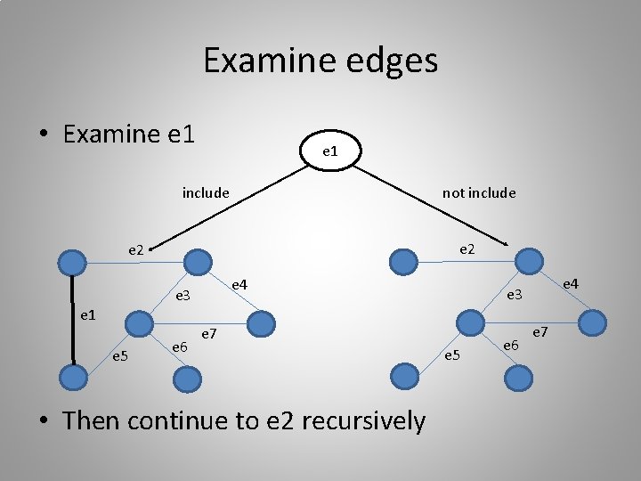 Examine edges • Examine e 1 include not include e 2 e 4 e