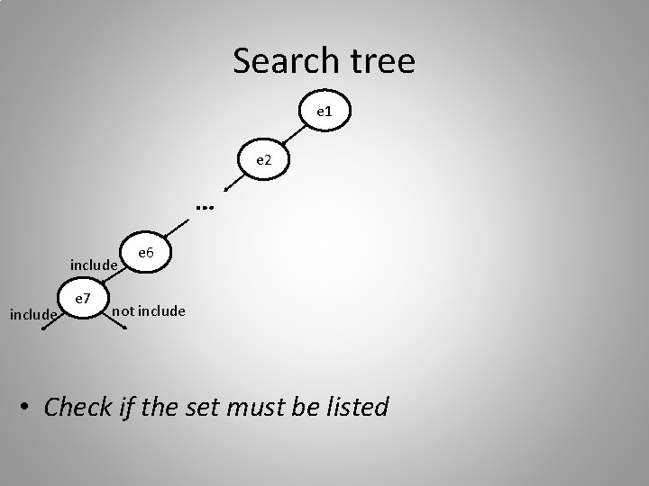 Search tree e 1 e 2 … include e 7 e 6 not include
