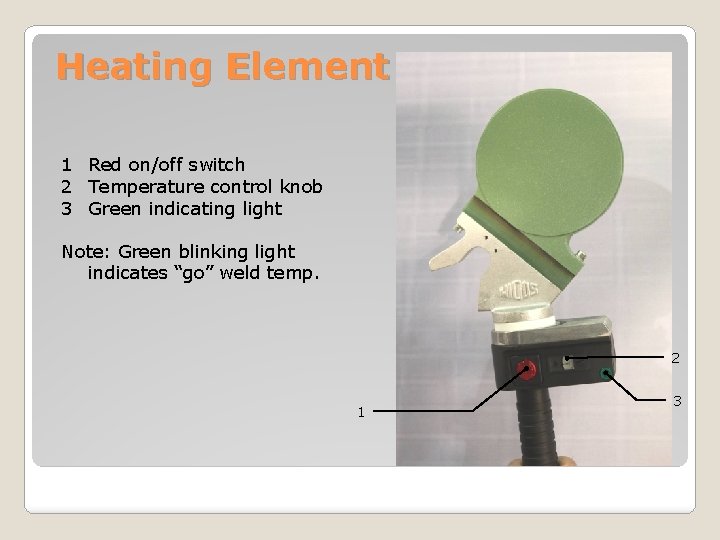 Heating Element 1 Red on/off switch 2 Temperature control knob 3 Green indicating light