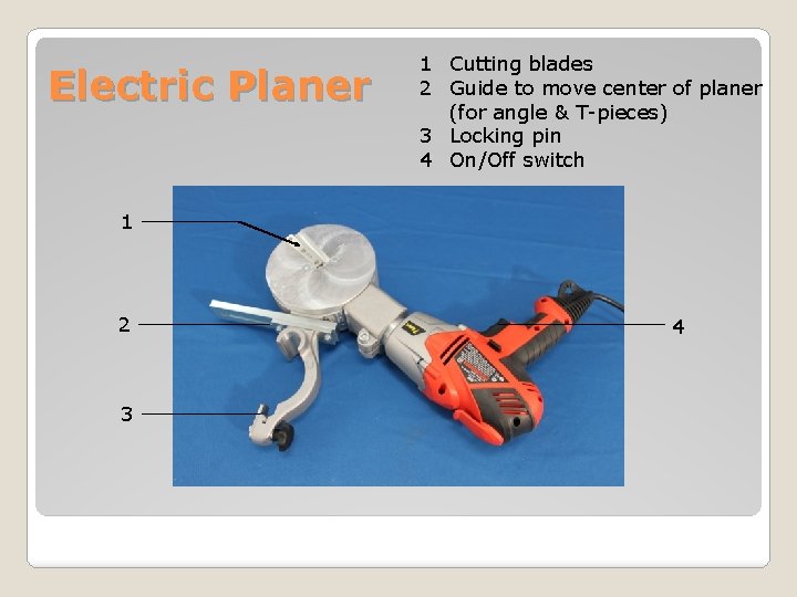 Electric Planer 1 Cutting blades 2 Guide to move center of planer (for angle
