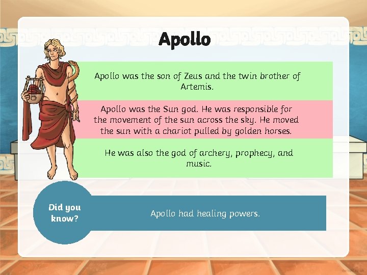 Apollo was the son of Zeus and the twin brother of Artemis. Apollo was