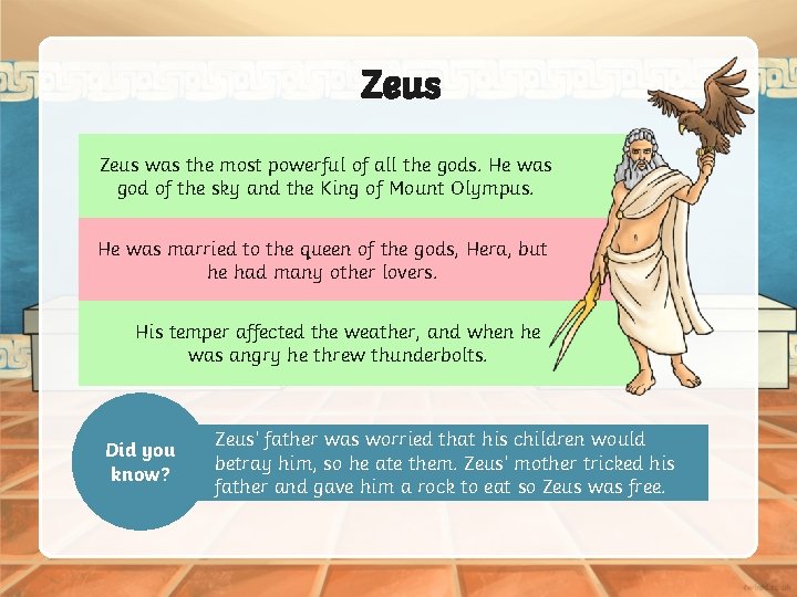 Zeus was the most powerful of all the gods. He was god of the