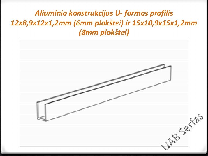 Aliuminio konstrukcijos U- formos profilis 12 x 8, 9 x 12 x 1, 2