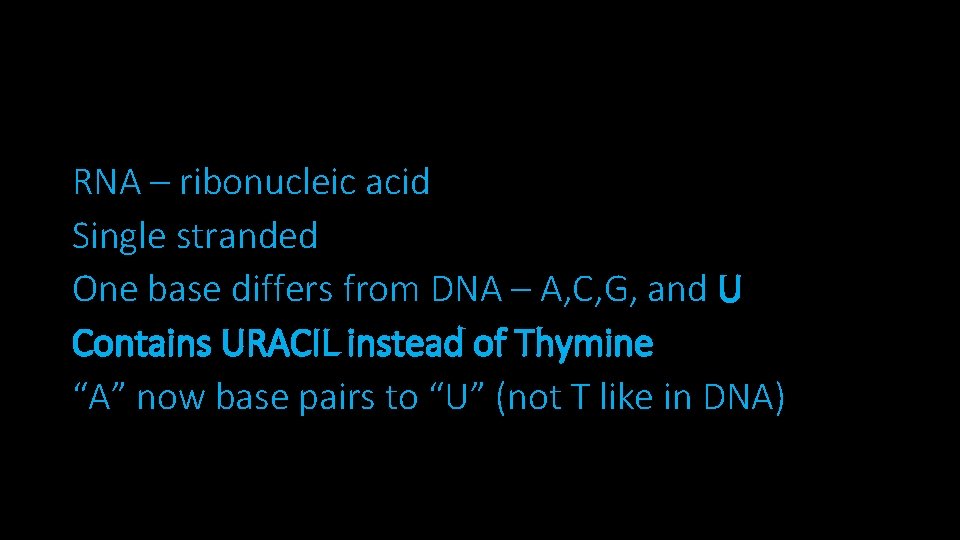 RNA – ribonucleic acid Single stranded One base differs from DNA – A, C,