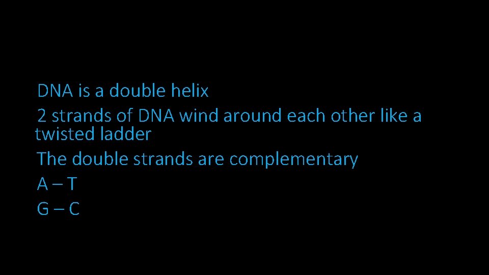 DNA is a double helix 2 strands of DNA wind around each other like
