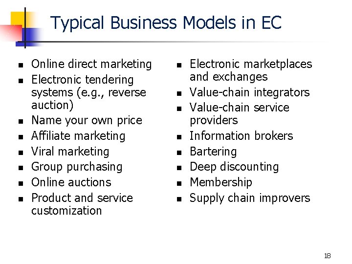 Typical Business Models in EC n n n n Online direct marketing Electronic tendering