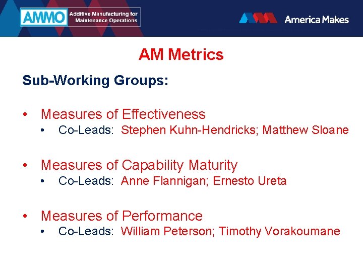 AM Metrics Sub-Working Groups: • Measures of Effectiveness • Co-Leads: Stephen Kuhn-Hendricks; Matthew Sloane